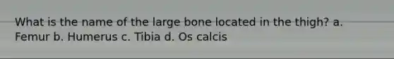 What is the name of the large bone located in the thigh? a. Femur b. Humerus c. Tibia d. Os calcis