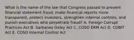 What is the name of the law that Congress passed to prevent financial statement fraud, make financial reports more transparent, protect investors, strengthen internal controls, and punish executives who perpetrate fraud? A. Foreign Corrupt Practices Act B. Sarbanes Oxley Act C. COSO ERM Act D. COBIT Act E. COSO Internal Control Act