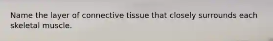 Name the layer of <a href='https://www.questionai.com/knowledge/kYDr0DHyc8-connective-tissue' class='anchor-knowledge'>connective tissue</a> that closely surrounds each <a href='https://www.questionai.com/knowledge/klixZejDS2-skeletal-muscle' class='anchor-knowledge'>skeletal muscle</a>.