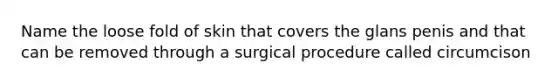 Name the loose fold of skin that covers the glans penis and that can be removed through a surgical procedure called circumcison