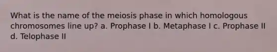 What is the name of the meiosis phase in which homologous chromosomes line up? a. Prophase I b. Metaphase I c. Prophase II d. Telophase II