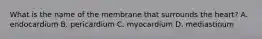 What is the name of the membrane that surrounds the heart? A. endocardium B. pericardium C. myocardium D. mediastinum