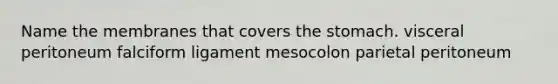 Name the membranes that covers <a href='https://www.questionai.com/knowledge/kLccSGjkt8-the-stomach' class='anchor-knowledge'>the stomach</a>. visceral peritoneum falciform ligament mesocolon parietal peritoneum