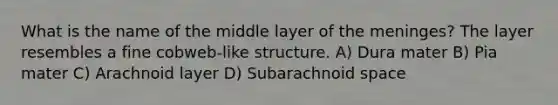 What is the name of the middle layer of the meninges? The layer resembles a fine cobweb-like structure. A) Dura mater B) Pia mater C) Arachnoid layer D) Subarachnoid space