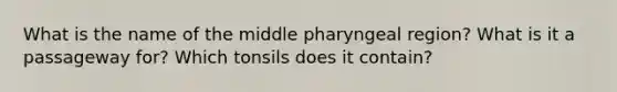 What is the name of the middle pharyngeal region? What is it a passageway for? Which tonsils does it contain?