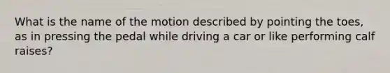 What is the name of the motion described by pointing the toes, as in pressing the pedal while driving a car or like performing calf raises?