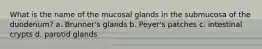 What is the name of the mucosal glands in the submucosa of the duodenum? a. Brunner's glands b. Peyer's patches c. intestinal crypts d. parotid glands