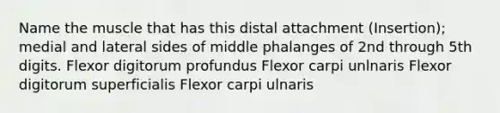 Name the muscle that has this distal attachment (Insertion); medial and lateral sides of middle phalanges of 2nd through 5th digits. Flexor digitorum profundus Flexor carpi unlnaris Flexor digitorum superficialis Flexor carpi ulnaris