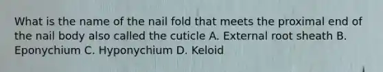 What is the name of the nail fold that meets the proximal end of the nail body also called the cuticle A. External root sheath B. Eponychium C. Hyponychium D. Keloid