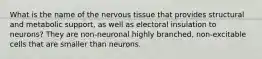 What is the name of the nervous tissue that provides structural and metabolic support, as well as electoral insulation to neurons? They are non-neuronal highly branched, non-excitable cells that are smaller than neurons.