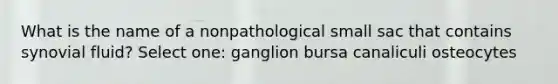 What is the name of a nonpathological small sac that contains synovial fluid? Select one: ganglion bursa canaliculi osteocytes