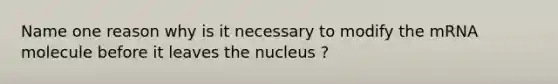 Name one reason why is it necessary to modify the mRNA molecule before it leaves the nucleus ?