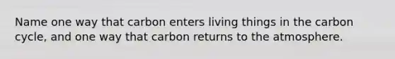 Name one way that carbon enters living things in <a href='https://www.questionai.com/knowledge/kMvxsmmBPd-the-carbon-cycle' class='anchor-knowledge'>the carbon cycle</a>, and one way that carbon returns to the atmosphere.