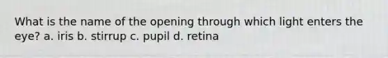 What is the name of the opening through which light enters the eye? a. iris b. stirrup c. pupil d. retina