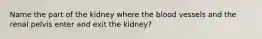 Name the part of the kidney where the blood vessels and the renal pelvis enter and exit the kidney?