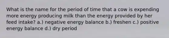 What is the name for the period of time that a cow is expending more energy producing milk than the energy provided by her feed intake? a.) negative energy balance b.) freshen c.) positive energy balance d.) dry period