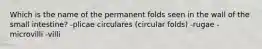 Which is the name of the permanent folds seen in the wall of the small intestine? -plicae circulares (circular folds) -rugae -microvilli -villi