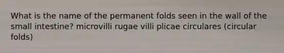 What is the name of the permanent folds seen in the wall of the small intestine? microvilli rugae villi plicae circulares (circular folds)