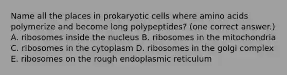 Name all the places in prokaryotic cells where amino acids polymerize and become long polypeptides? (one correct answer.) A. ribosomes inside the nucleus B. ribosomes in the mitochondria C. ribosomes in the cytoplasm D. ribosomes in the golgi complex E. ribosomes on the rough endoplasmic reticulum