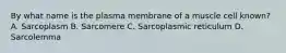 By what name is the plasma membrane of a muscle cell known? A. Sarcoplasm B. Sarcomere C. Sarcoplasmic reticulum D. Sarcolemma