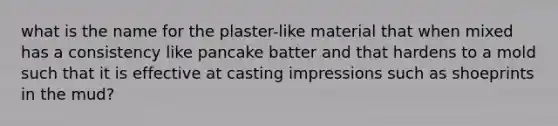 what is the name for the plaster-like material that when mixed has a consistency like pancake batter and that hardens to a mold such that it is effective at casting impressions such as shoeprints in the mud?