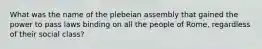 What was the name of the plebeian assembly that gained the power to pass laws binding on all the people of Rome, regardless of their social class?