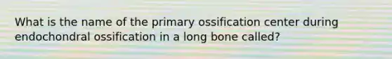 What is the name of the primary ossification center during endochondral ossification in a long bone called?