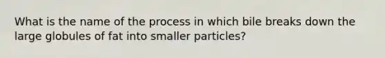 What is the name of the process in which bile breaks down the large globules of fat into smaller particles?