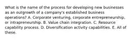 What is the name of the process for developing new businesses as an outgrowth of a company's established business operations? A. Corporate venturing, corporate entrepreneurship, or intrapreneurship. B. Value chain integration. C. Resource capability process. D. Diversification activity capabilities. E. All of these.