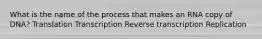 What is the name of the process that makes an RNA copy of DNA? Translation Transcription Reverse transcription Replication