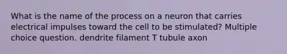 What is the name of the process on a neuron that carries electrical impulses toward the cell to be stimulated? Multiple choice question. dendrite filament T tubule axon