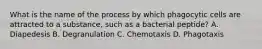 What is the name of the process by which phagocytic cells are attracted to a substance, such as a bacterial peptide? A. Diapedesis B. Degranulation C. Chemotaxis D. Phagotaxis