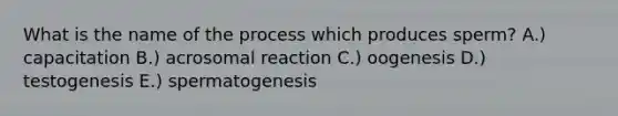 What is the name of the process which produces sperm? A.) capacitation B.) acrosomal reaction C.) oogenesis D.) testogenesis E.) spermatogenesis