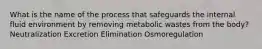 What is the name of the process that safeguards the internal fluid environment by removing metabolic wastes from the body? Neutralization Excretion Elimination Osmoregulation