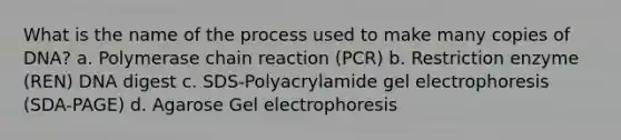 What is the name of the process used to make many copies of DNA? a. Polymerase chain reaction (PCR) b. Restriction enzyme (REN) DNA digest c. SDS-Polyacrylamide gel electrophoresis (SDA-PAGE) d. Agarose Gel electrophoresis