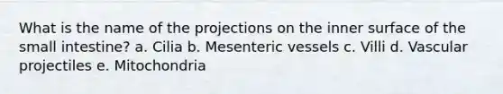 What is the name of the projections on the inner surface of the small intestine? a. Cilia b. Mesenteric vessels c. Villi d. Vascular projectiles e. Mitochondria