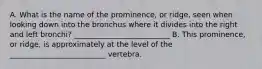 A. What is the name of the prominence, or ridge, seen when looking down into the bronchus where it divides into the right and left bronchi? __________________________ B. This prominence, or ridge, is approximately at the level of the __________________________ vertebra.