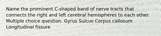 Name the prominent C-shaped band of nerve tracts that connects the right and left cerebral hemispheres to each other. Multiple choice question. Gyrus Sulcus Corpus callosum Longitudinal fissure