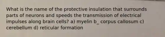 What is the name of the protective insulation that surrounds parts of neurons and speeds the transmission of electrical impulses along brain cells? a) myelin b_ corpus callosum c) cerebellum d) reticular formation