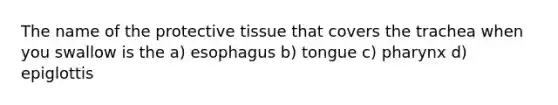 The name of the protective tissue that covers the trachea when you swallow is the a) esophagus b) tongue c) pharynx d) epiglottis