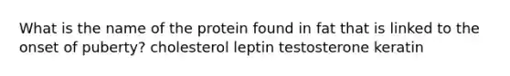 What is the name of the protein found in fat that is linked to the onset of puberty? cholesterol leptin testosterone keratin