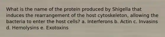 What is the name of the protein produced by Shigella that induces the rearrangement of the host cytoskeleton, allowing the bacteria to enter the host cells? a. Interferons b. Actin c. Invasins d. Hemolysins e. Exotoxins