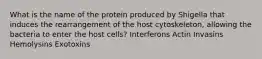 What is the name of the protein produced by Shigella that induces the rearrangement of the host cytoskeleton, allowing the bacteria to enter the host cells? Interferons Actin Invasins Hemolysins Exotoxins