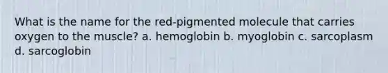 What is the name for the red-pigmented molecule that carries oxygen to the muscle? a. hemoglobin b. myoglobin c. sarcoplasm d. sarcoglobin