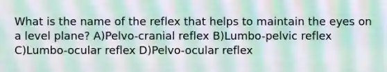 What is the name of the reflex that helps to maintain the eyes on a level plane? A)Pelvo-cranial reflex B)Lumbo-pelvic reflex C)Lumbo-ocular reflex D)Pelvo-ocular reflex