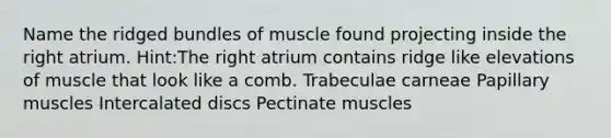 Name the ridged bundles of muscle found projecting inside the right atrium. Hint:The right atrium contains ridge like elevations of muscle that look like a comb. Trabeculae carneae Papillary muscles Intercalated discs Pectinate muscles