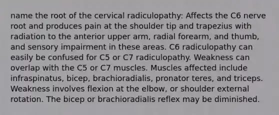 name the root of the cervical radiculopathy: Affects the C6 nerve root and produces pain at the shoulder tip and trapezius with radiation to the anterior upper arm, radial forearm, and thumb, and sensory impairment in these areas. C6 radiculopathy can easily be confused for C5 or C7 radiculopathy. Weakness can overlap with the C5 or C7 muscles. Muscles affected include infraspinatus, bicep, brachioradialis, pronator teres, and triceps. Weakness involves flexion at the elbow, or shoulder external rotation. The bicep or brachioradialis reflex may be diminished.