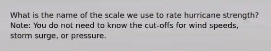 What is the name of the scale we use to rate hurricane strength? Note: You do not need to know the cut-offs for wind speeds, storm surge, or pressure.