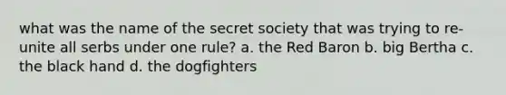 what was the name of the secret society that was trying to re-unite all serbs under one rule? a. the Red Baron b. big Bertha c. the black hand d. the dogfighters