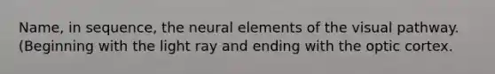 Name, in sequence, the neural elements of the visual pathway. (Beginning with the light ray and ending with the optic cortex.